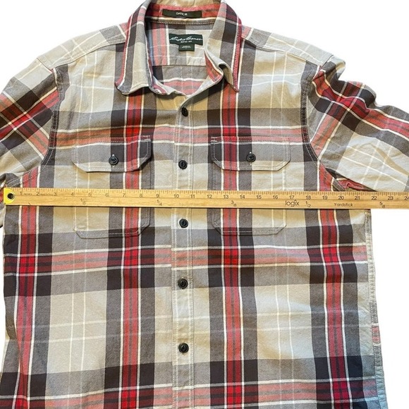 Eddie Bauer Classic Fit  Cotton Red and Gray Plaid Flannel Shirt Sz L - Picture 6 of 7